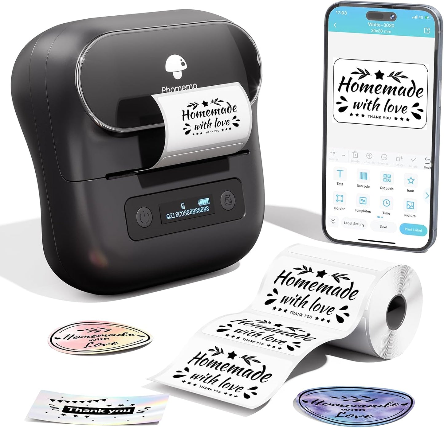 Phomemo Label Maker,M220 Label Printer,3 Inch Bluetooth Thermal Label Maker Machine with 6000+ Icons,700+ Templates,400+ Fonts,for Kids School Items,Small Business,Large Sticker