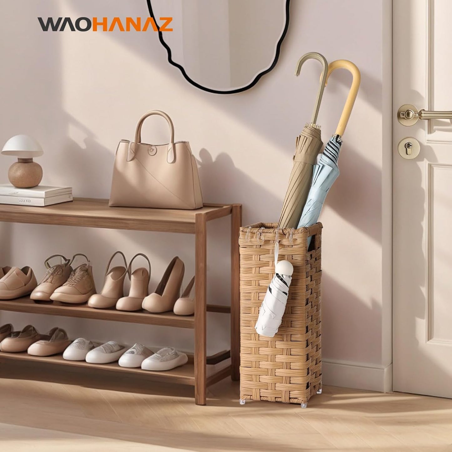 Rattan Umbrella Stand, Umbrella Holder for Entryway, Hand Woven Umbrella Rack Organizer Freestanding, with a Detachable Drip Tray, 4 Hooks, 6.5" L x 6.5" W x 16.5" H