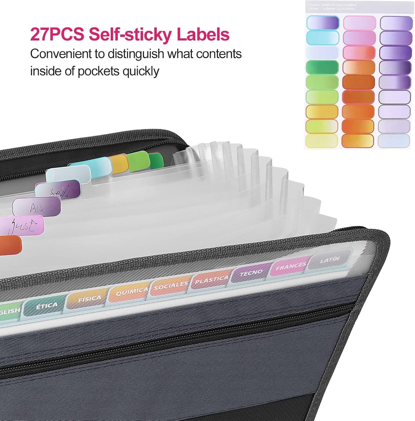 MEGREZ Expanding File Folder with 13 Pockets, 2 Pack A4 Paper File Folder with Zipper Color Labels, Waterproof Accordion File Folder Organizer for Home Office, Pink & Black