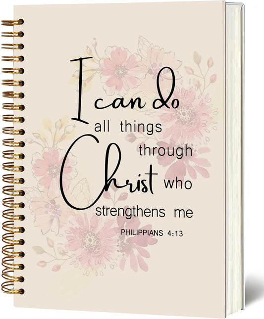 Bible Notebook, A5 Spiral Christian Journal with Pink Floral Notebook, Bible Verse-I Can Do All Things Through Christ Who Strengthens Me, Inspirational Notebooks for Women, Gift for Birthday Christmas