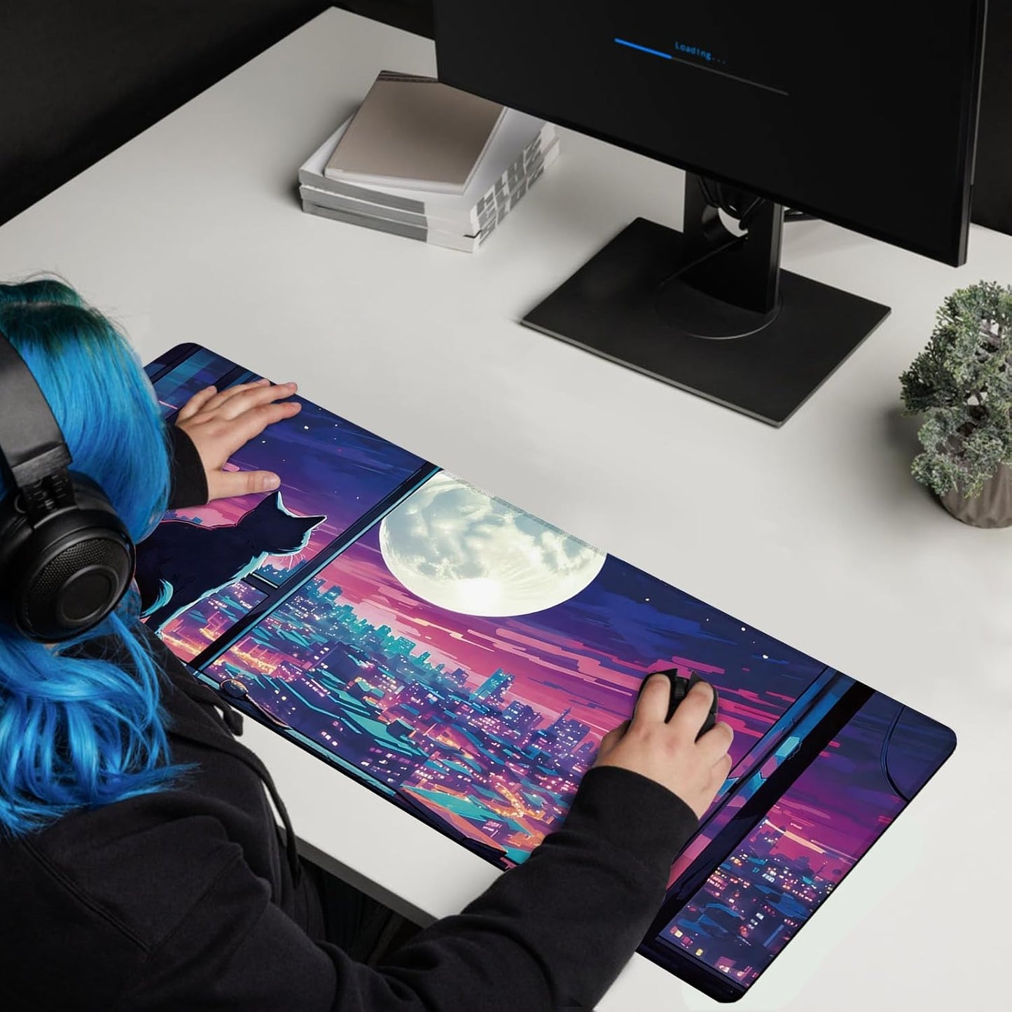 Cool Purple Moom Cat Mouse Pad, City Cats Busy Night Scene Mousead - Large Non-Slip Desk Mat for Office, PC, Laptop - 31.5"x11.8" x 3mm