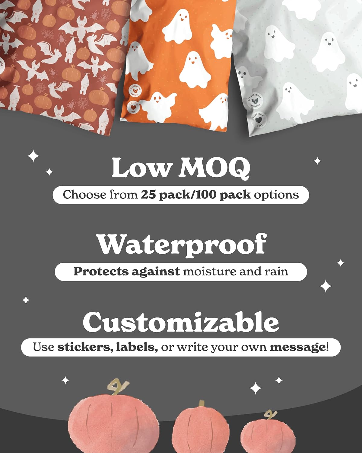 Impack Biodegradable Poly Mailers - Self Sealing Thick Envelopes - Water and Moisture Proof Book Mailers - Durable Material Packaging for Clothes & Accessories (Ghosts Pumpkin 25pack, 6x9 Inch)