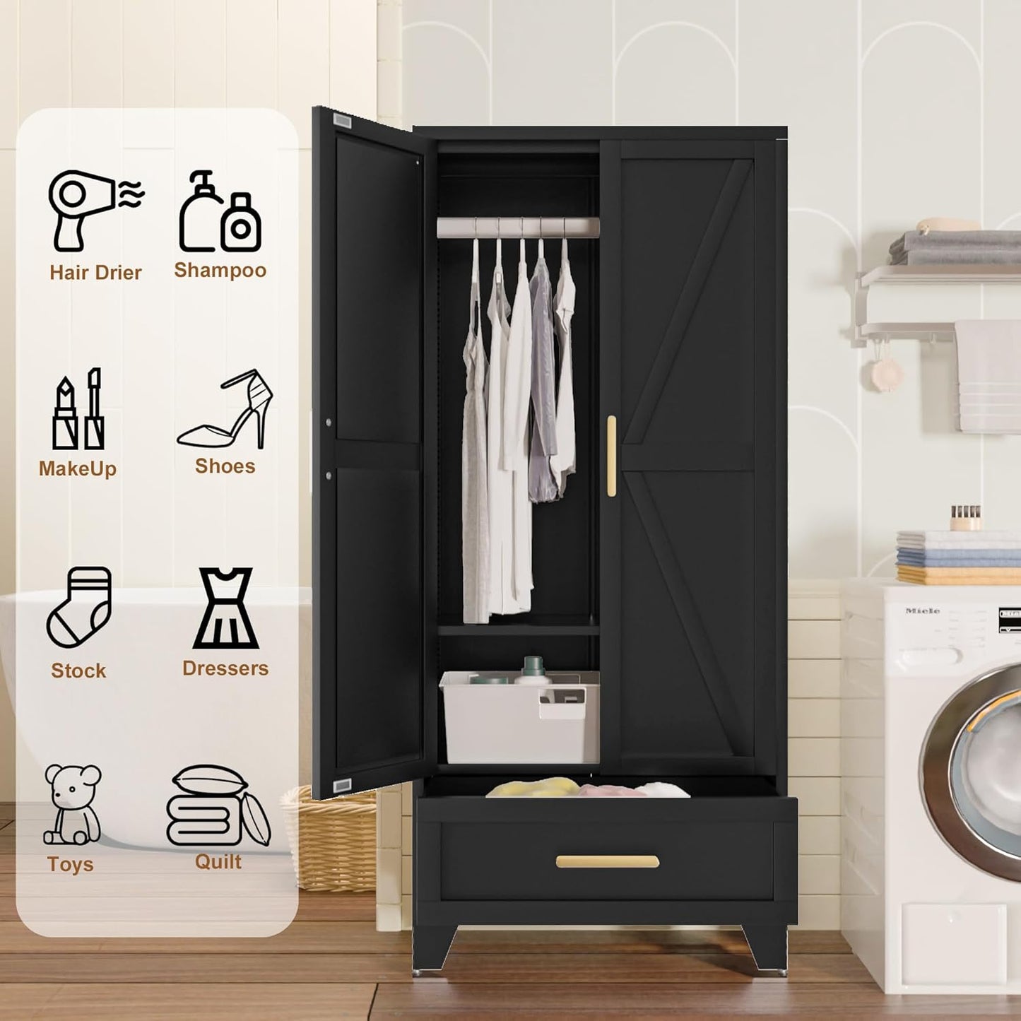 Metal Wardrobe Cabinet,71 Armoire Wardrobe Closet with Drawers and Hanging Rod,Metal Armoire with Adjustable Shelves for Closet,Bedroom,Farmhouse Storage Cabinet with Drawer(Black)