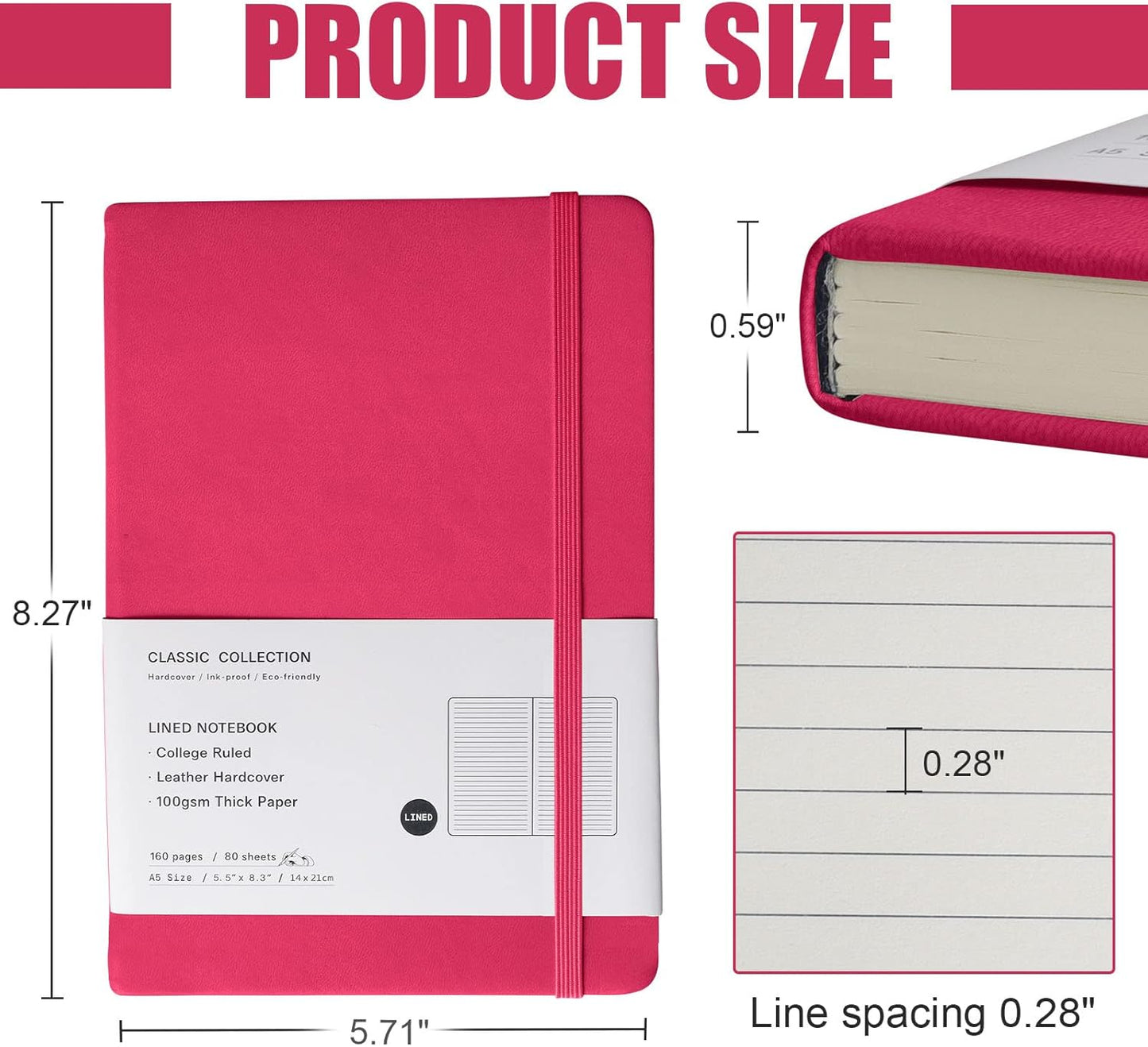 Lined Journal Notebook, 10Pack(Rose Red), 160 Pages, Medium 5.7 inches x 8 inches - 100 gsm Thick Paper, Hardcover
