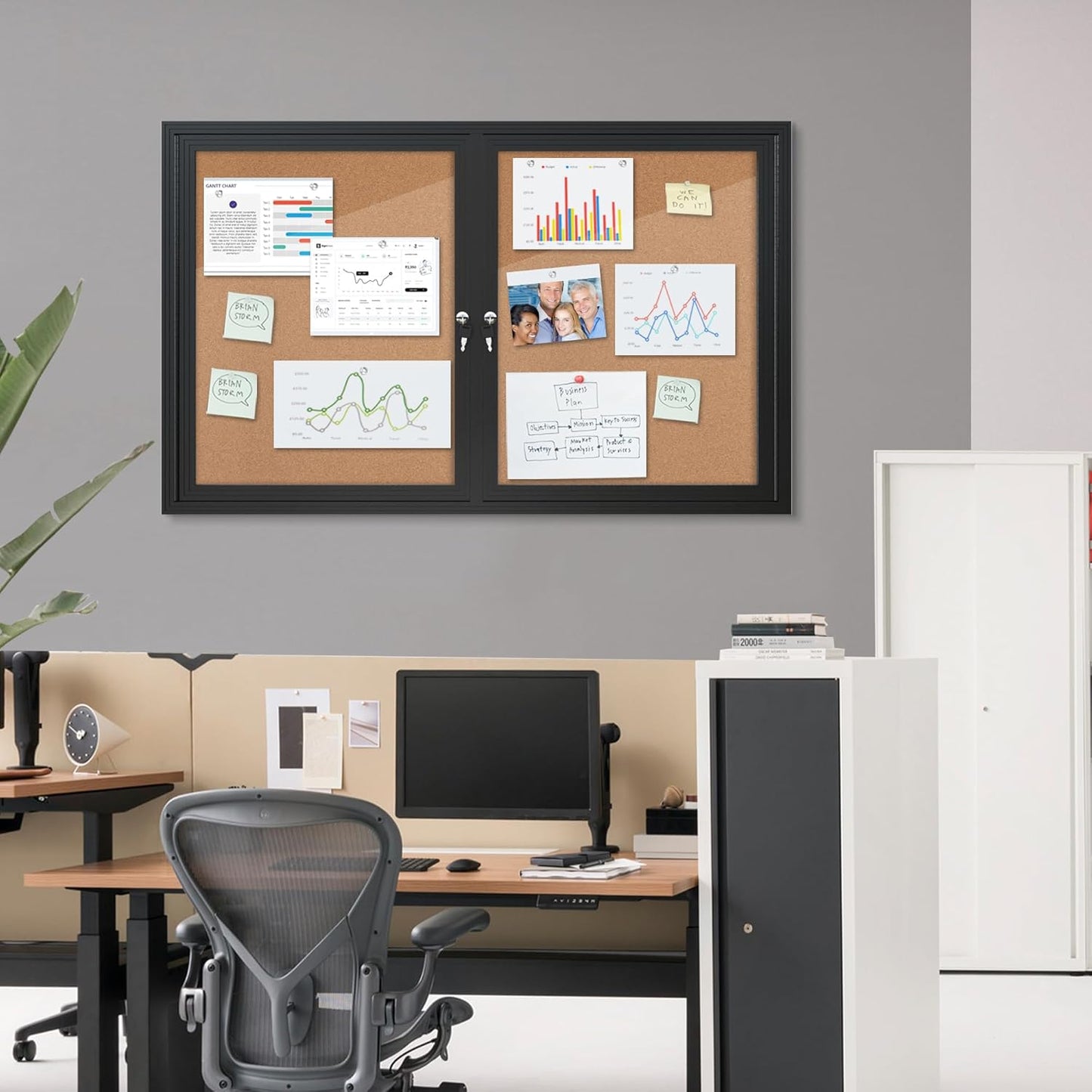 48"x30" Enclosed Bulletin Board, Outdoor Lockable Weather-Resistant Aluminum Cork Noticeboard for School & Office, Silver Frame w/Black Flet