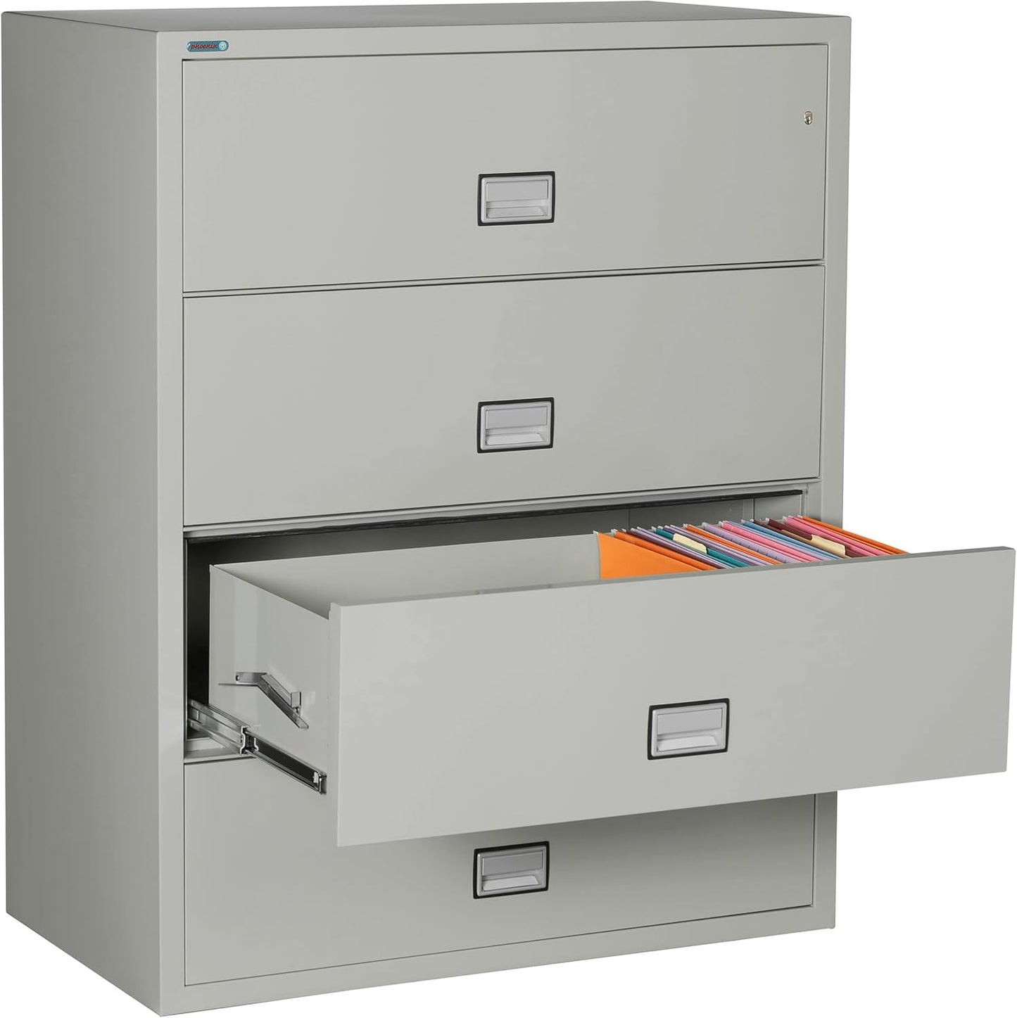 44 inch Wide 4-Drawer Lateral Fireproof File Cabinet – Legal and Letter Size Filing – Key Lock – Water Resistant – Fire Safe and Impact Rated – Light Gray Finish – Model LAT4W44LG