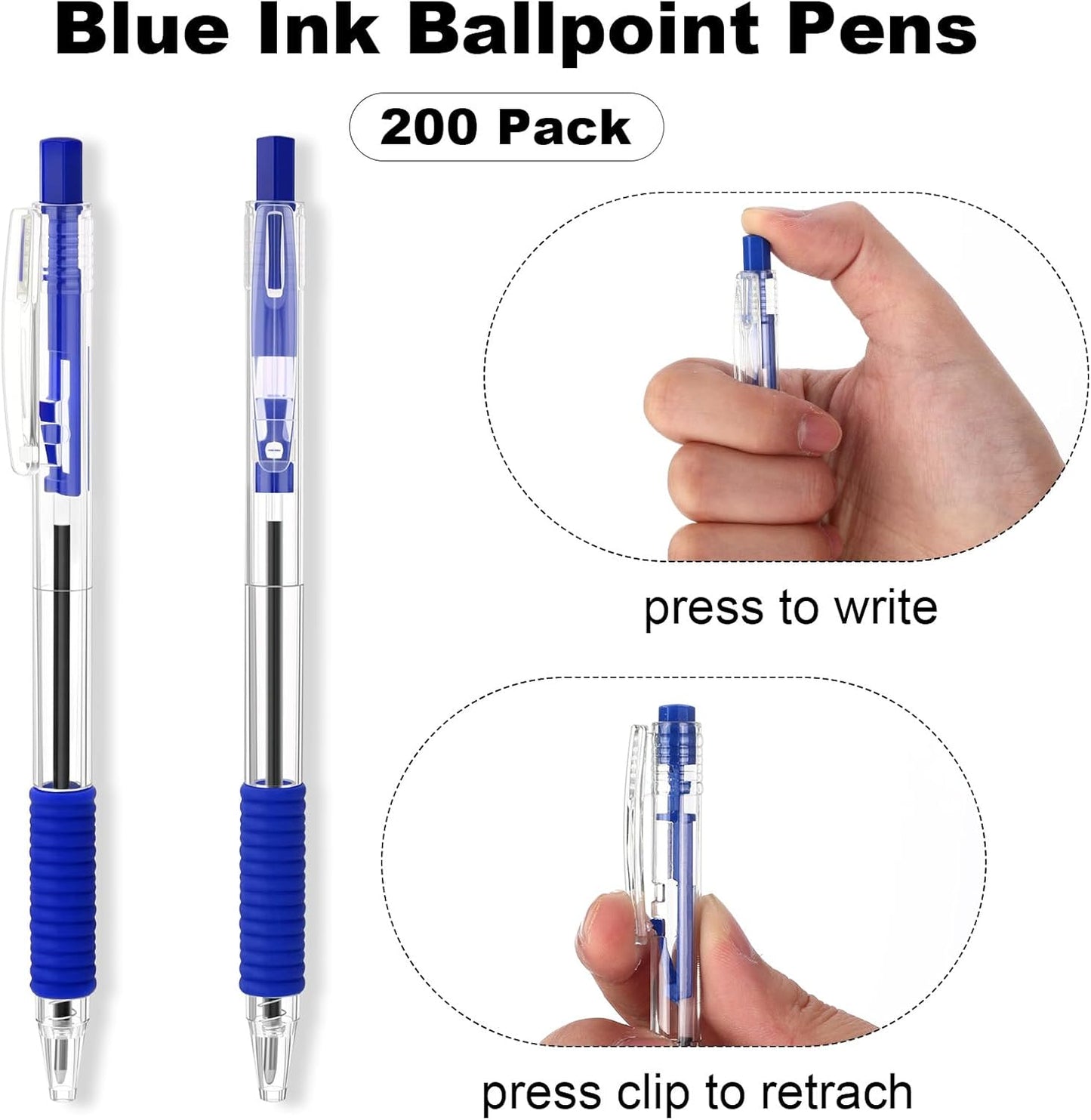 200 Pack Blue Gel Ink Pens Bulk, 1.0mm Retractable Click Point Ballpoint Pens Smooth Writing with Comfortable Grip for Back to School Office Classroom Business Home Work Supplies
