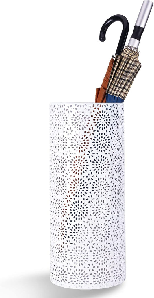 Umbrella Stand Rack for Entryway, Free Standing Metal Umbrella Holder, Round Umbrella Organizer Bin with 3 Hooks for Long Short Umbrella, Walk Stick, Home Office Indoor, 17 x 7 Inch, White