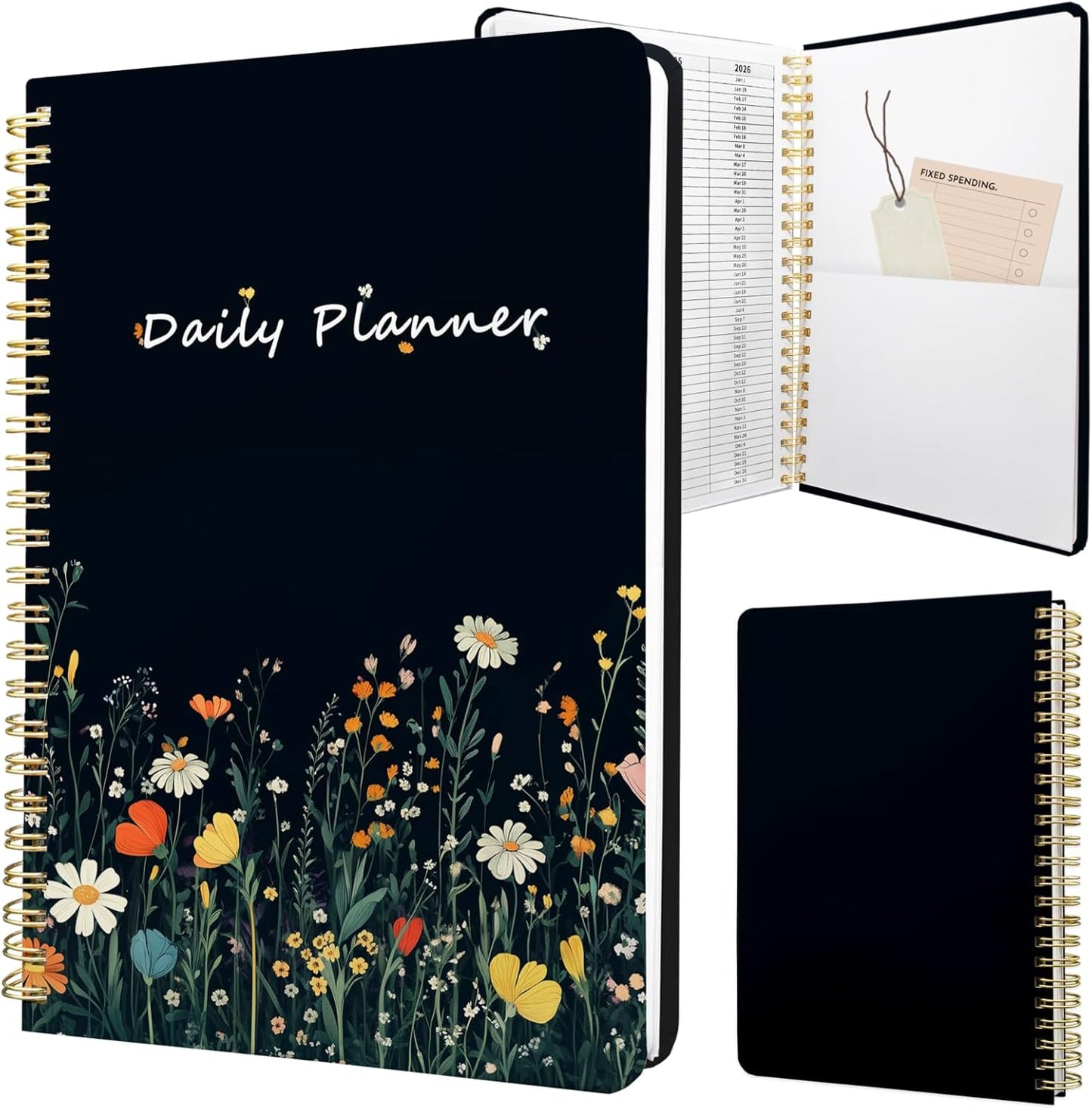 Undated Daily Planner - Spiral Notebook 80 Days One Day Per Page, Hourly Schedule, To-Do List, Notes, Everyday Planning Task, A5 Hardcover Journal Organizer Book Women Cute Aesthetic, Flower
