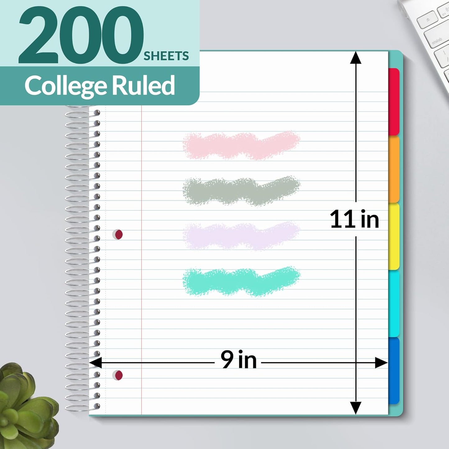 SUNEE 5 Subject Notebook College Ruled - 400 Pages, 9"x11", 5 Pocket Colored Dividers, 3-Hole Punched Paper, Teal