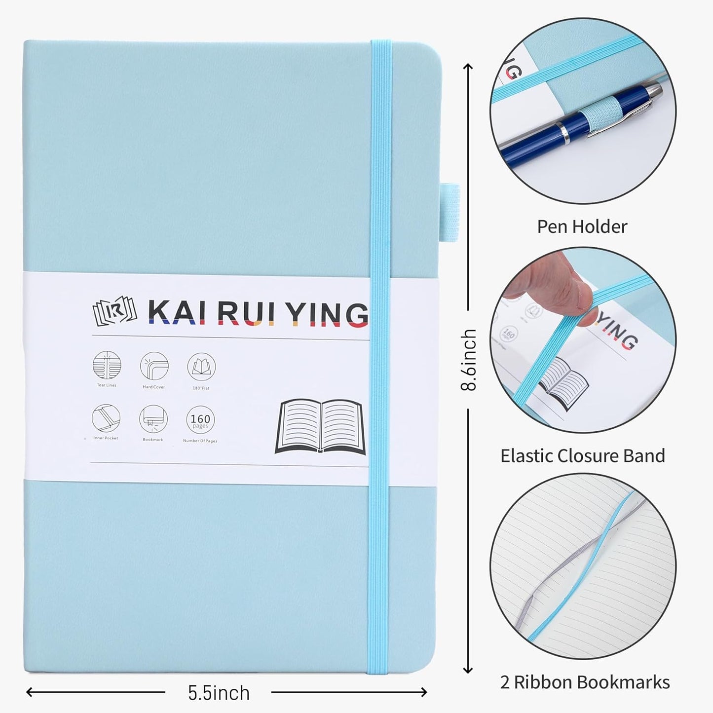 KaiRuiYing Lined Journal Notebook with Pen Holder, 160 Pages, 5.5'' × 8.6'' Medium Size A5-100 GSM Thick Paper, for Writing, Work, Office, Leather Hardcover