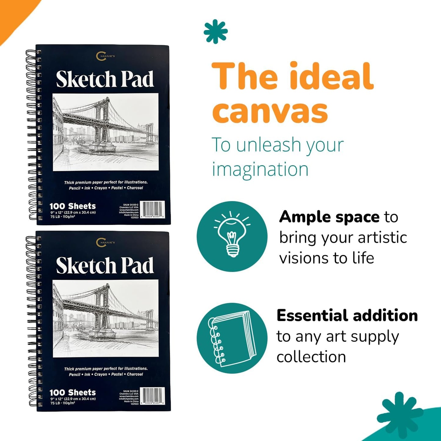 Channie's Dual Pack Sketch Pads for Kids & Adults - Premium Quality Drawing Paper, Ideal for Pencils, Pens, Charcoal, and Markers - Durable Sketchbook for Drawing & On-The-Go Creativity