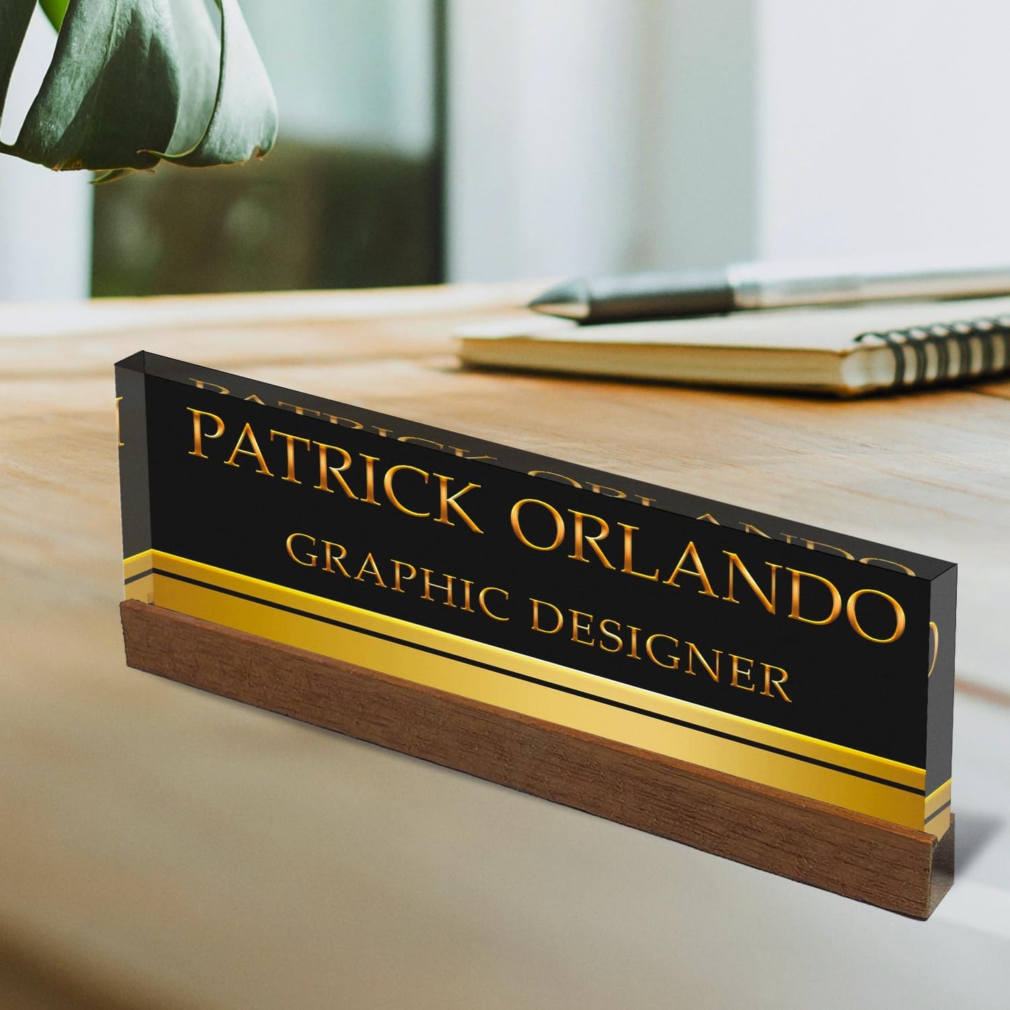 Artblox Personalized Office Desk Name Plate With Business Card Holder | Clear Acrylic Glass with Teak Wood Stand | Black Gold Stripe Design Customized with Your Name and Credentials Office Desk Décor