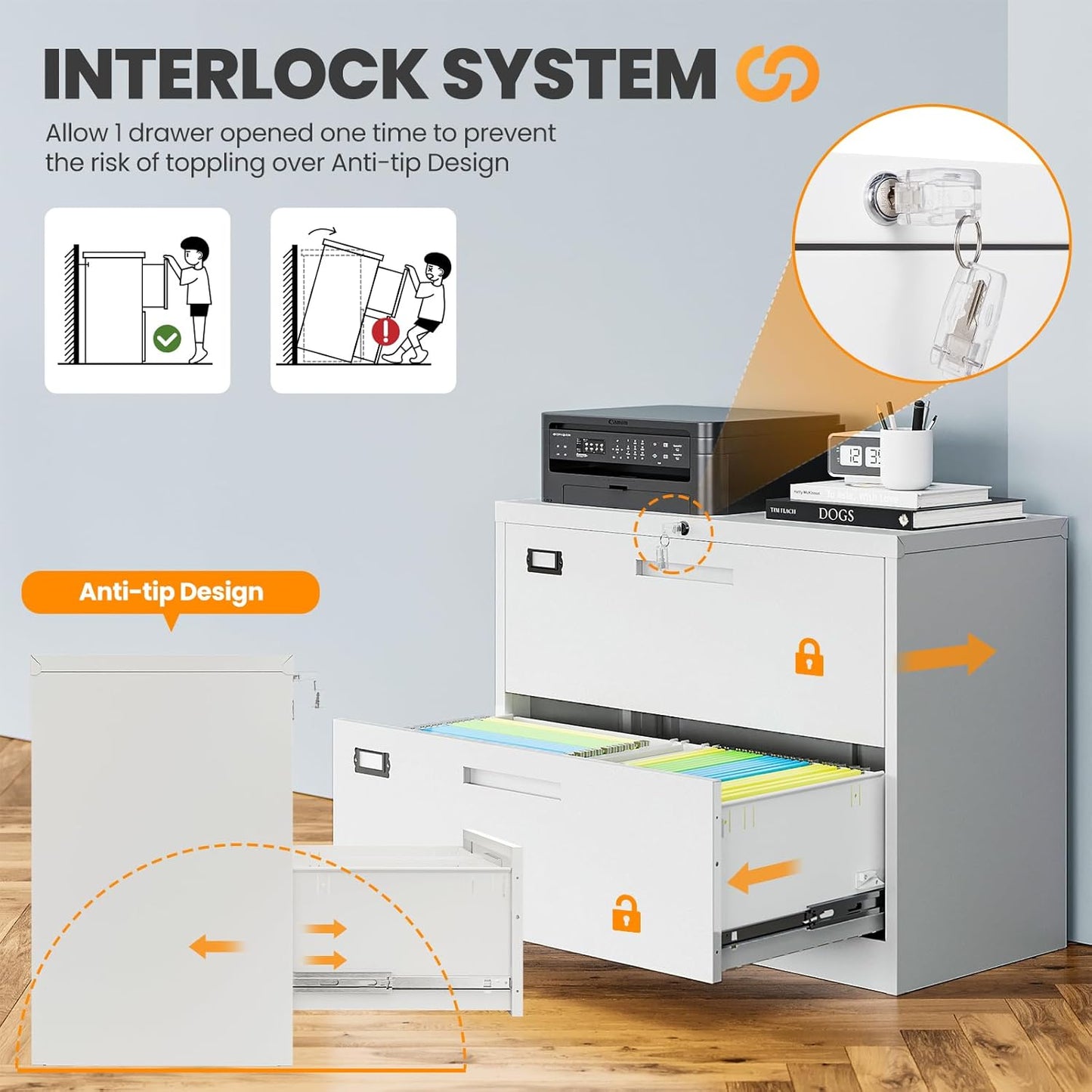 2 Drawer File Cabinets for Home Office, Metal Filing Cabinet with Lock, White Locking File Caninet Two Drawer, Office Storage Caninets Steel Cabnet for Letter/Legal/A4/F4-Assembly Required