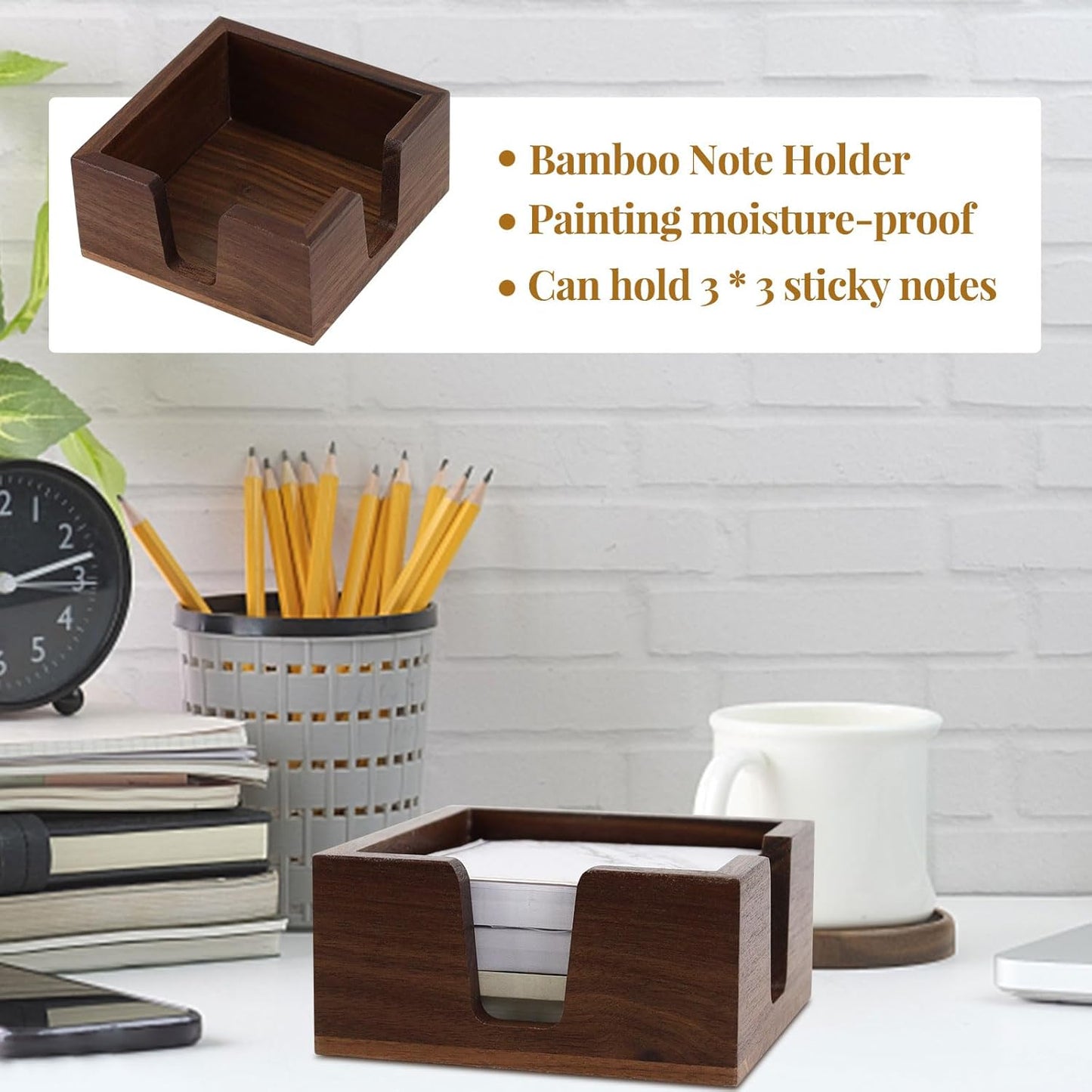Wood Sticky Note Holder, Self Stick Note Pad Holder, Post It Note Dispenser Desk Organizer Walnut Wood Office Desk Accessories for School Office Desk Supplies - Black