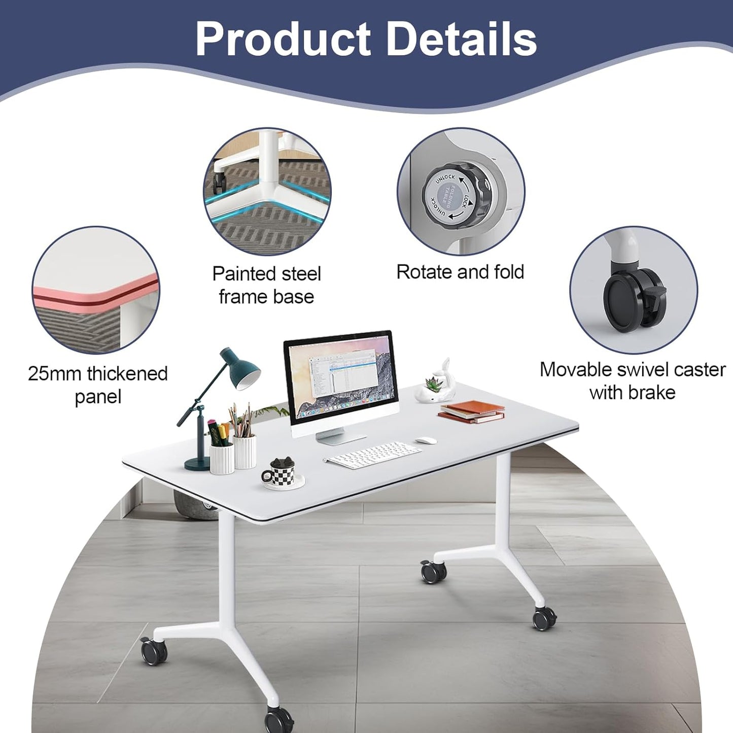 Conference Table,Folding Conference Room Tables Portable Rolling Conference Training Table with Silent Wheels,Mobile Meetings Flip Top Tables for Offices Classrooms Meeting Room (4Pack 55.1in)