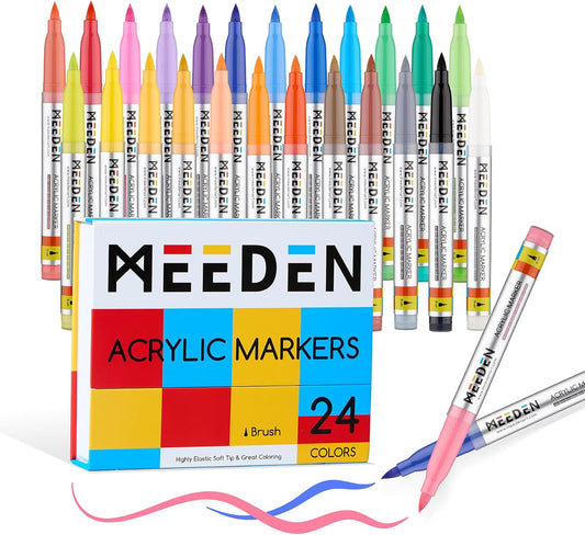 MEEDEN Acrylic Paint Pens Marker: 24 Colors Brush Tip Acrylic Markers with Automatic Ink Control System - Water-Based Quick Drying Acrylic Paint Pens for Coloring Drawing DIY Crafts Art Supplies