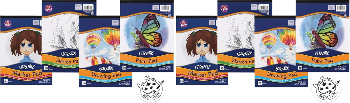 UCreate Art Paper Set of 4, White, 9" x 12", 4 Pads, Drawing, Sketch, Paint, Marker (Pack of 2)