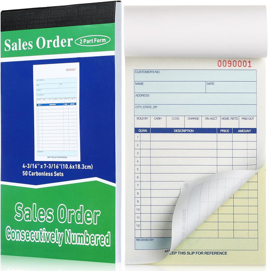 Lincia 1 Pads Sales Order Books 2 Part Carbonless (White/Canary Yellow) Receipt with Carbon Copies Cover Receipt Form Invoice 50 Sets Per Book (4.18 x 7.2 Inch/ 10.6 x 18.3 Cm)