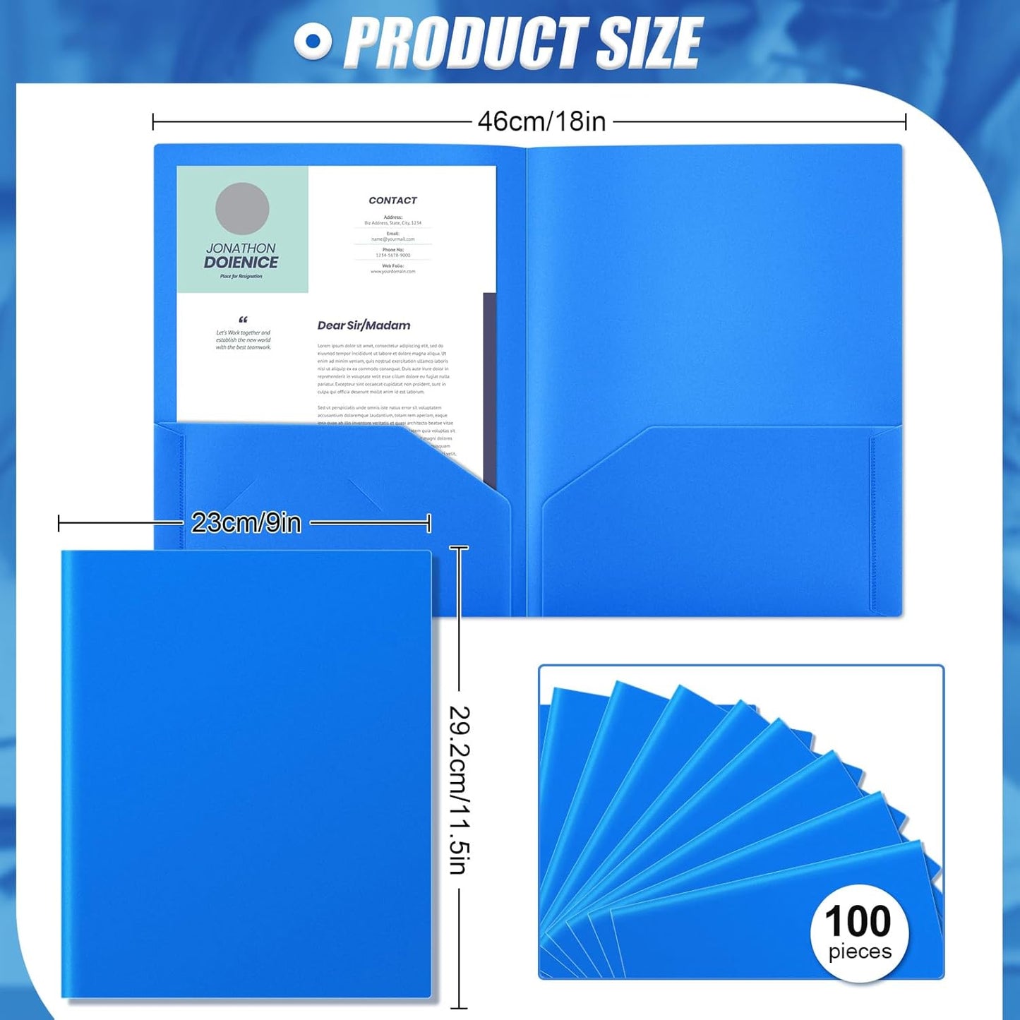 Gueevin 100 Pcs Two Pocket Folders Bulk Plastic File Folder with 2 Pockets Letter Size Paper Heavy Duty Durable Portfolios Case for Home Office School Business 11.61 x 9.45 Inch (Blue)