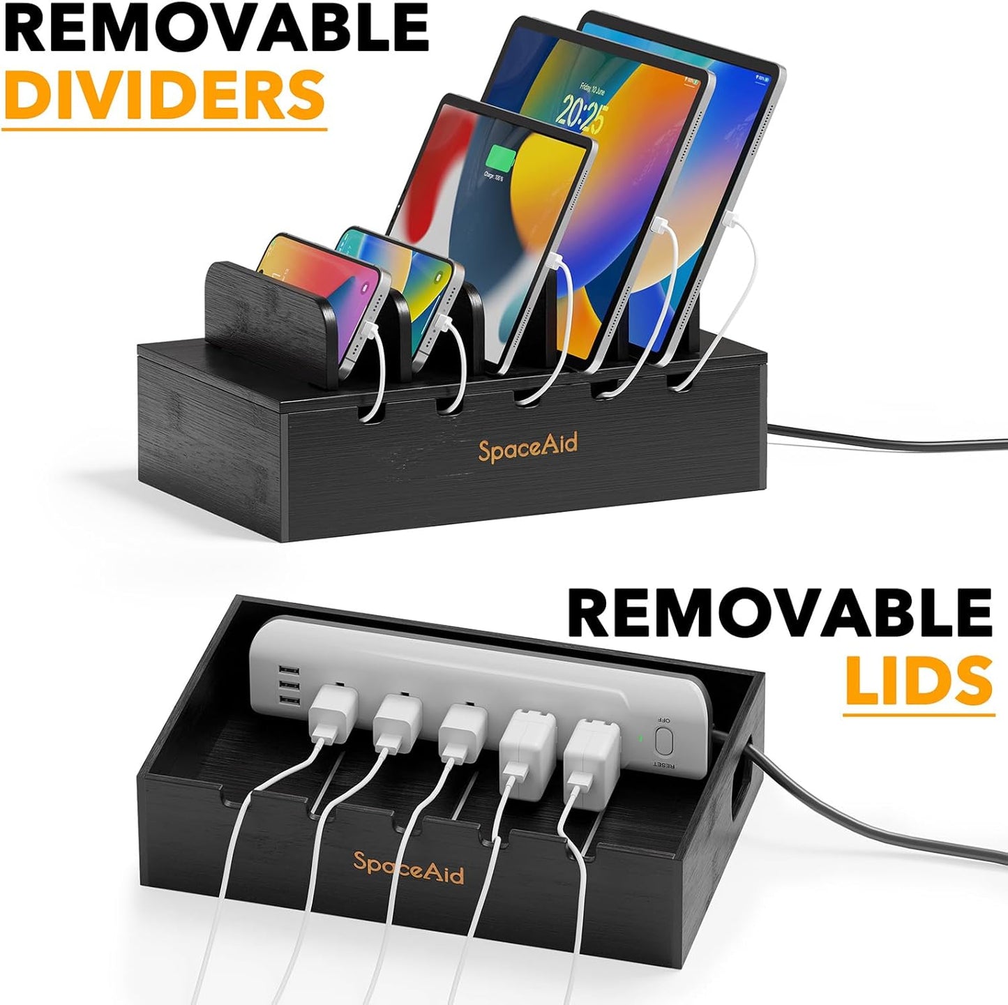 SpaceAid Bamboo Charging Station for Multiple Devices, Cell Phone Docking Stations for Multi Laptop, Tablets and iPads, Nightstand Bedside Desk Device Charger Organizer (Black)