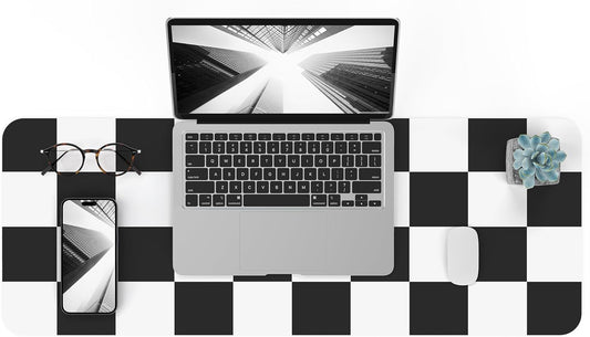 Non-Slip Checkered Desk Mat, Waterproof PU Leather Protector, Large Blotter, Easy Clean Laptop Writing Mat for Work/Home/Decor (31.5"x12", White Black)