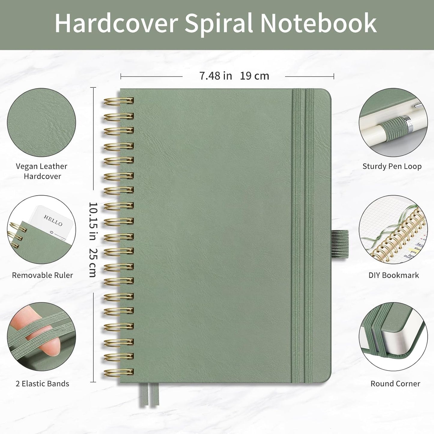 EMSHOI Spiral Graph Paper Notebook - 300 Pages, 100 GSM Thick Grid Notebook, B5 Large Hardcover Leather Journal for Women Men Work School Writing Engineering Graphing, 7.48" x 10.15", Light Green