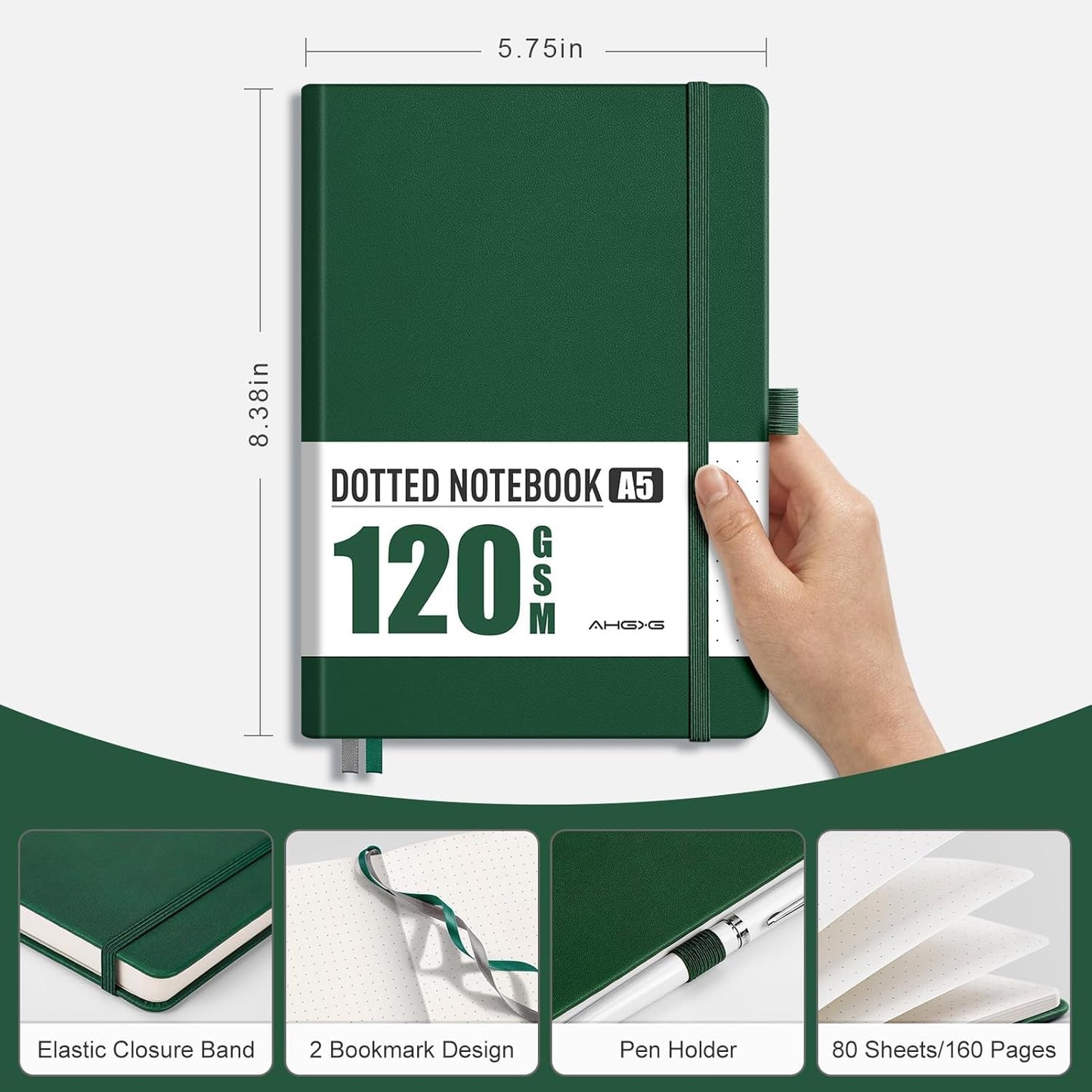 AHGXG Bullet Dotted Journal - Dot Grid Notebook Journal, 120 GSM Thick Acid-Free Paper, A5 Dotted Notebook 160 Pages, Leather Hardcover, Inner Pocket, Journal Stencil, 5.7'' × 8.3'' - Green