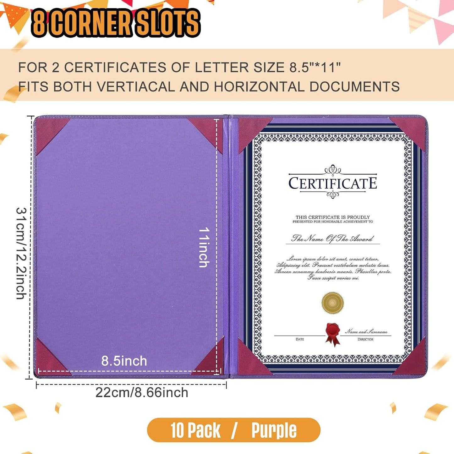 Tenare 10 Pcs Leather Certificate Holder 8.5 x 11 Inch PU Black Red Blue Purple Phd Bachelor Master Diploma Cover Professional Award Folder for Official Graduation Competition Contest Charity (Purple)