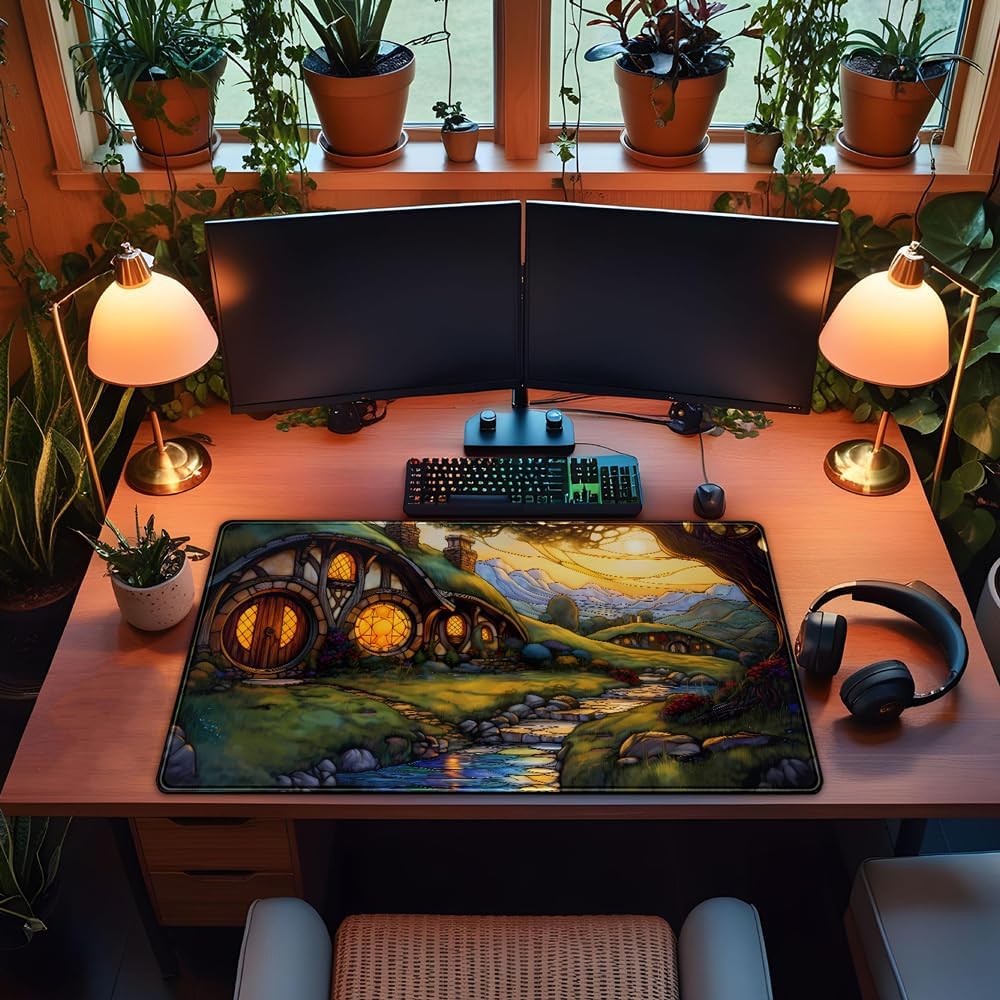 Cute House Anime Mouse Pad Desk Mat Gaming Playmat MTG Game Mat Large Gaming Mousepad for Desk Computer Keyboard Laptop Pad, Desk Decor Home Office with Stitched Eges Pad (31.5x15.7 in)