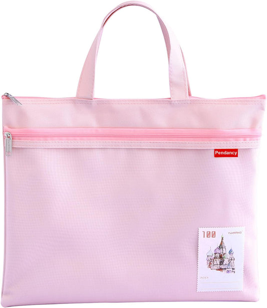 Pendancy Mesh Zipper Pouch 11x13.7 in, Large Double Pocket Waterproof File Bag with Handle, A4 Size Foldable Document Storage for Puzzle Project/Cross Stitch/Travel/Office（Pink）
