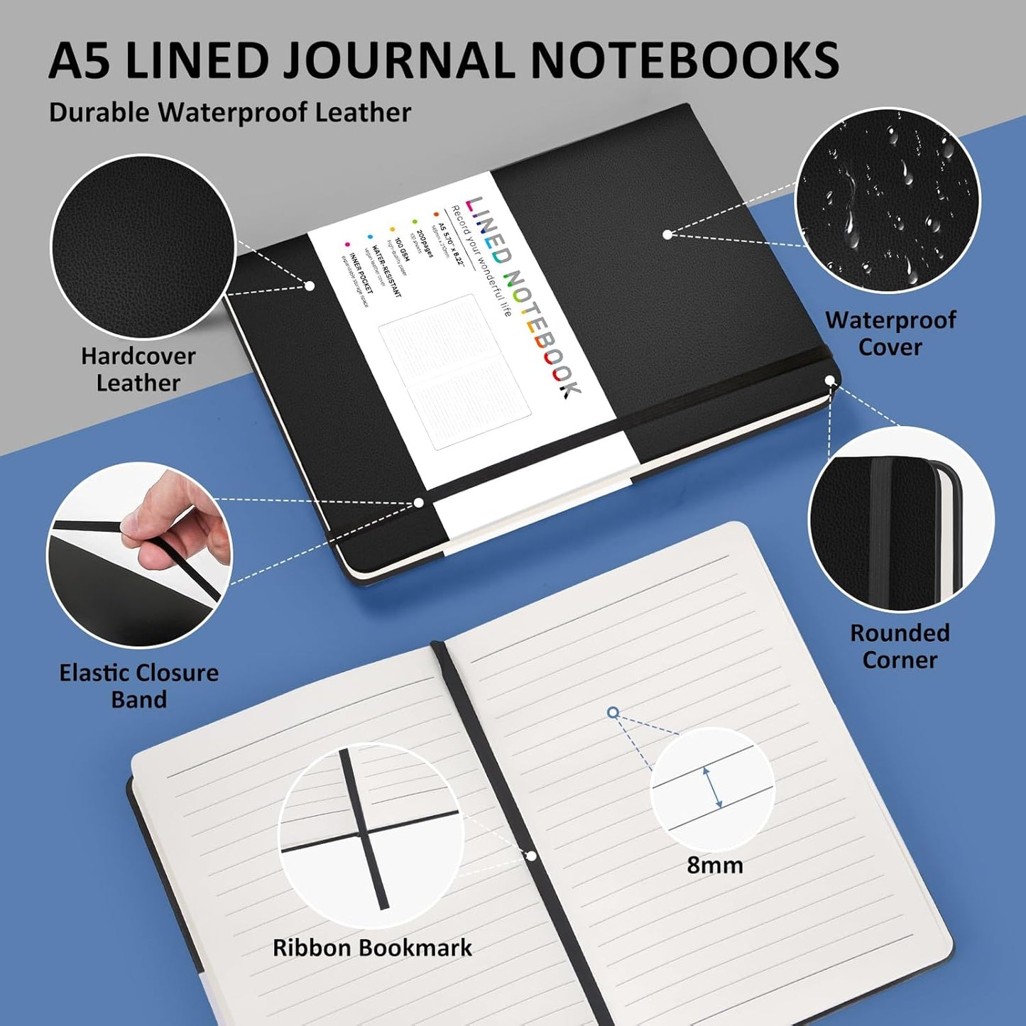 Lined Journal Notebook for Women Men, 200 Pages A5 Hardcover Leather Journals 5.7” x 8.3”, A5 College Ruled Notebooks with 100 GSM Thick Paper for Writing,Travel,School,Office,Work,Business(Black)