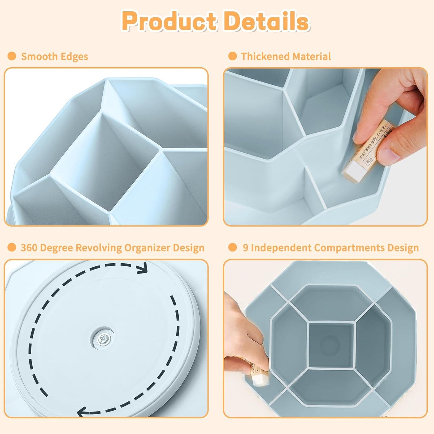 Pencil Pen Holder for Desk,9 Slots 360 Degree Rotating Desk Organizers,Desktop Storage Stationery Supplies Organizer, Cute Pencil Cup Pot For Office, School, Home(Blue)