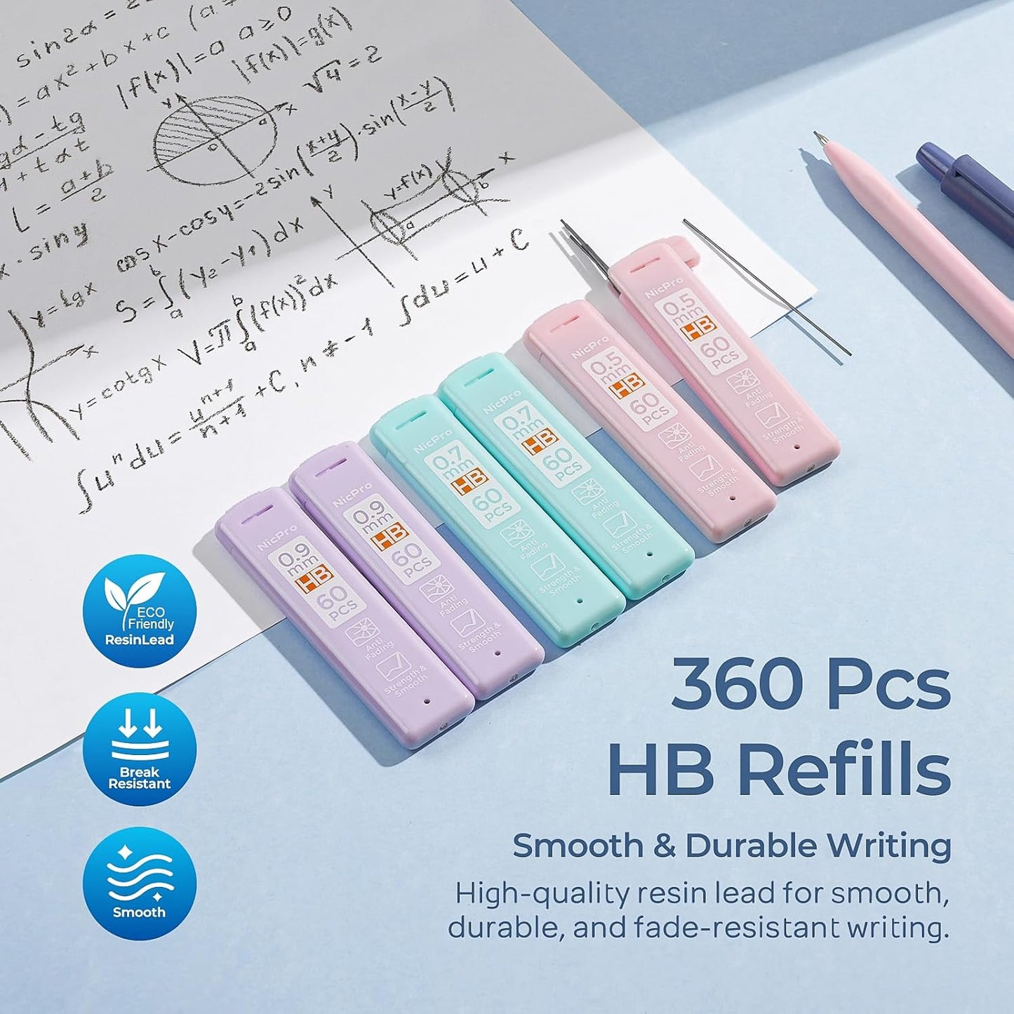 Nicpro 6PCS Pastel Mechanical Pencil Set with Case, Cute Drafting Pencils 0.5 mm & 0.7 mm & 0.9 mm with 6 Tubes HB Lead Refills, Erasers, Eraser Refills, Aesthetic School Supplies for Girls Writing