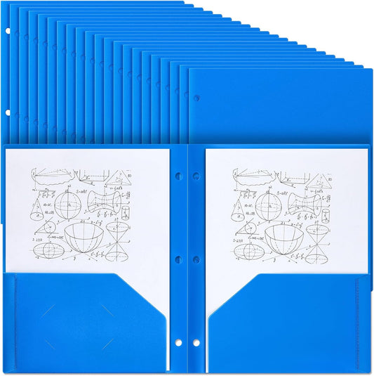 Yeaqee 100 Pcs Plastic Folders with Pockets Bulk 3 Hole Punched 2 Pocket File Folders for 3 Ring Binder Divider Folder for Notebooks, Durable Poly for Office Home (Blue)