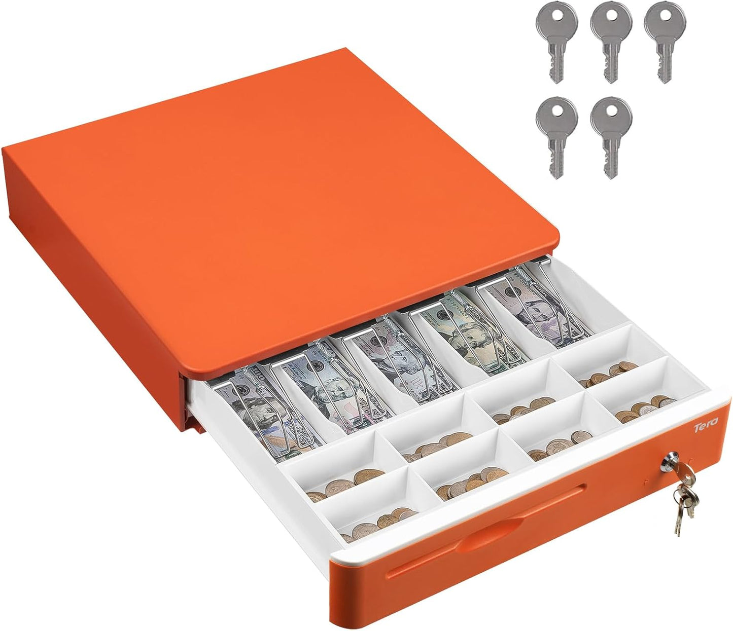 Tera 16 inch Cash Drawer: with Micro Switch Auto Open Heavy Duty Insert Tray 5 Bill 8 Coin for POS System Removable Cash Tray Media Slot 24V RJ12 Key-Lock (Round Corner) for Retail 405R Orange