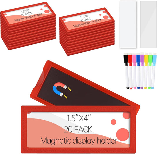 20Pcs Magnetic Plastic Label Holder 1.5x4 inch for Supermarket Store Price Tag Metal Shelf File Storage Cabinet Drawer Label Tag Resuable with 8 Color Chalk Makers, 20Pcs White Paper (Red)