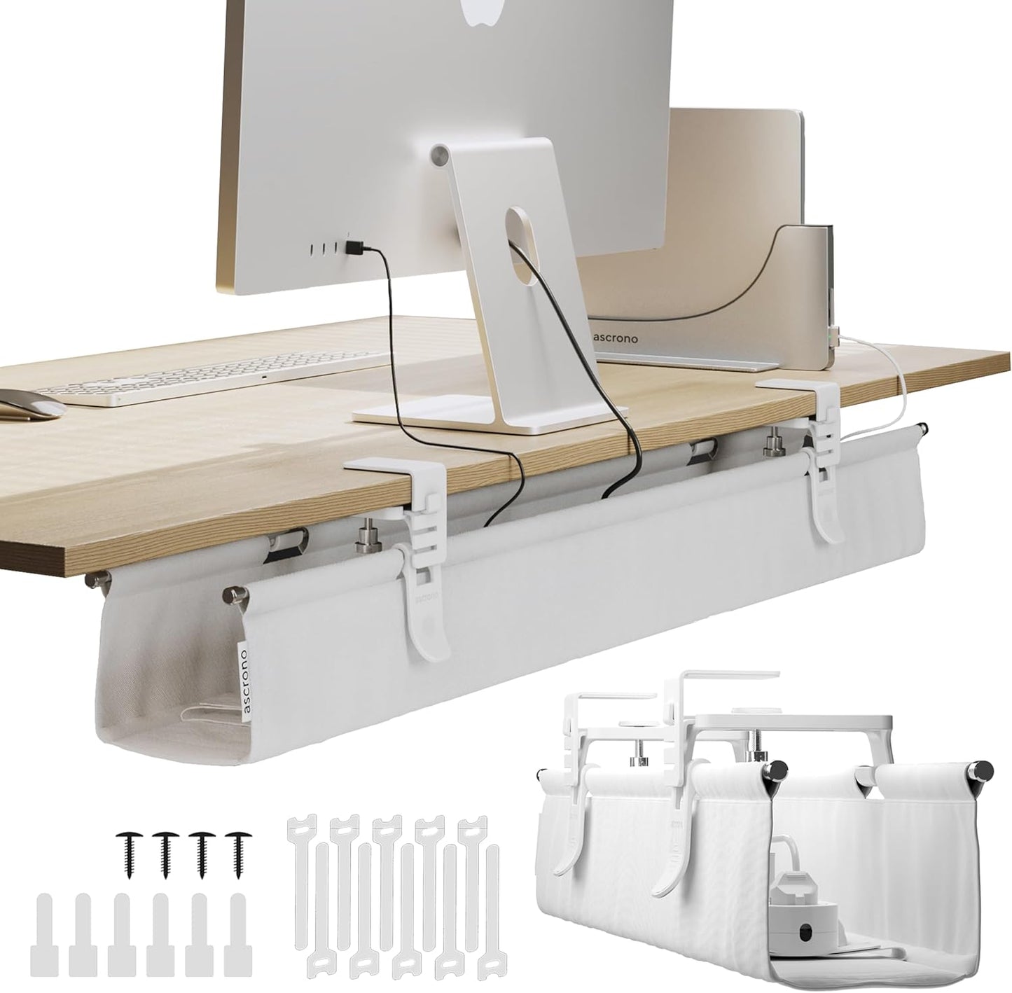 Original No Drill Under Desk Cable Management Tray 40.6" - Premium White Fabric Cable Management Under Desk - Clamp/Screw Mount Cord Organizer - Supports Upto 66lbs - Large