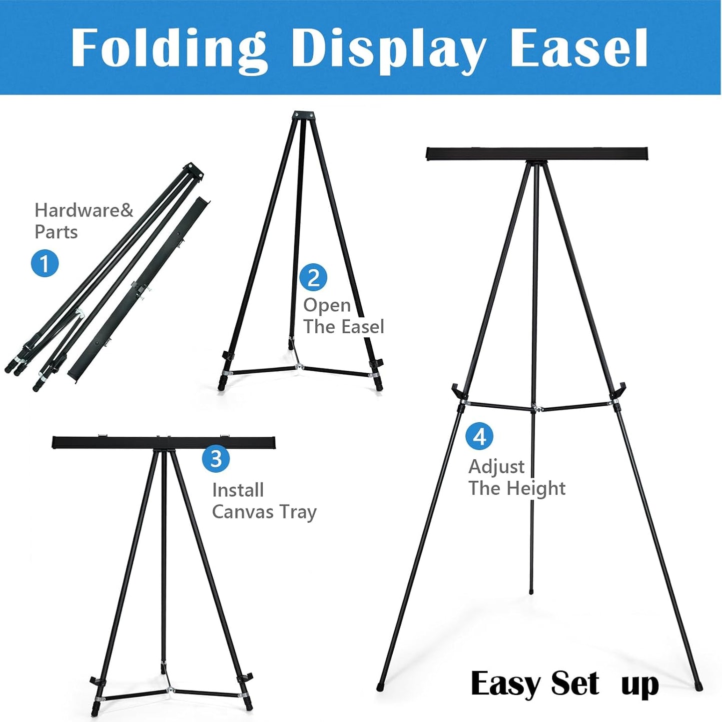 Falling in Art Aluminum Flip Chart Display Easel Stand with Adjustable Floor for Boardroom, Whiteboard, Paper Pads, Signage, 63 1/2'' High, Black 4 PACK