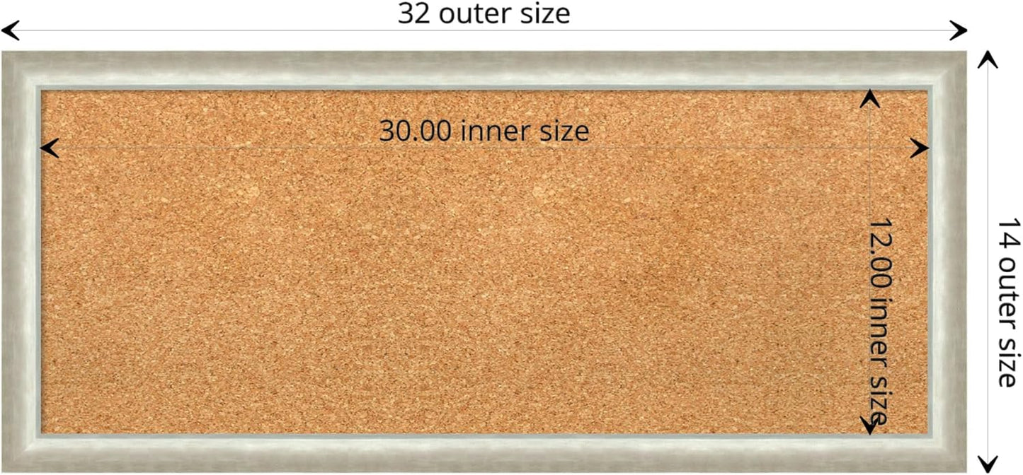Amanti Art Natural Cork Board for Wall, 14x32 Vision Board with Silver Wood Frame, Medium Corkboard Office Decor for Home Organization, Modern Contemporary Corkboard Pinboard to display items for home