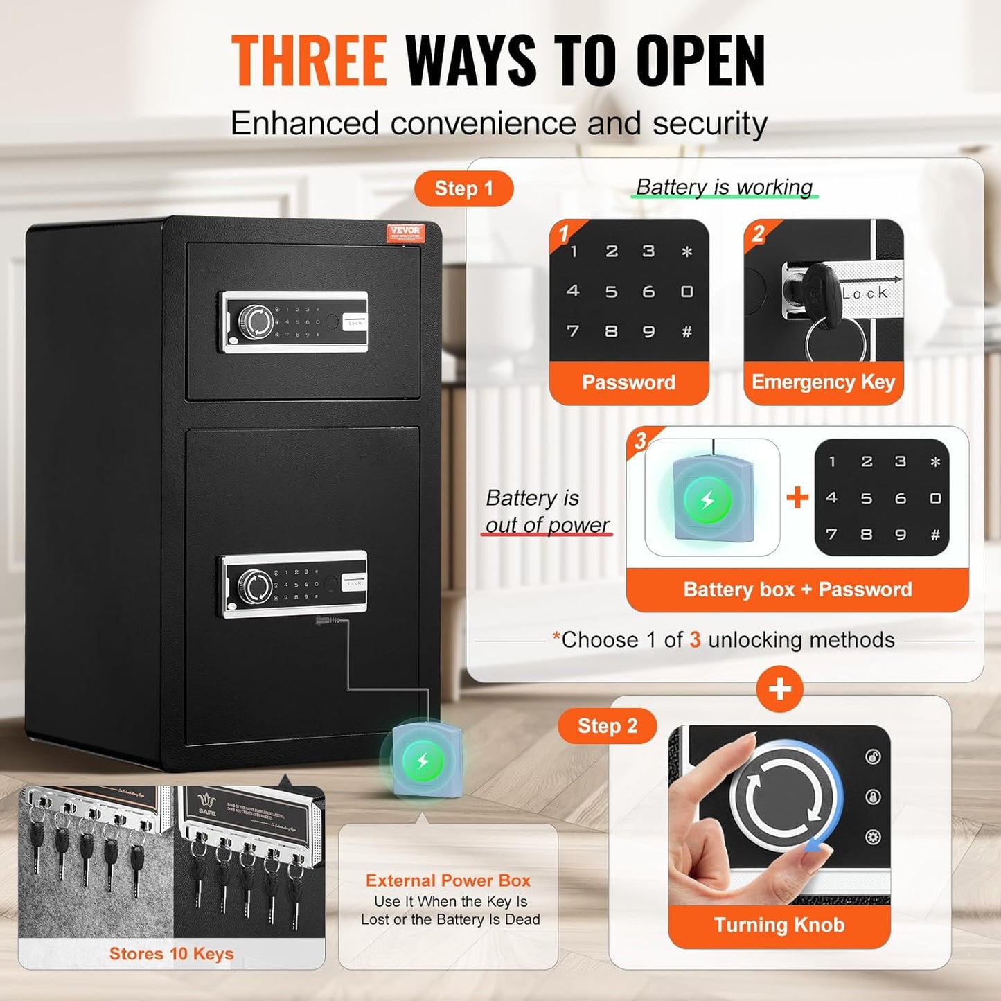 VEVOR Double Doors 4.5 cu.ft Safe Box with Key Lock & Password, Safe Lock Box with Fireproof Bag, Key Rack, LED Light and 2 Height Adjustable and Removable Divider for Money, Documents, Black