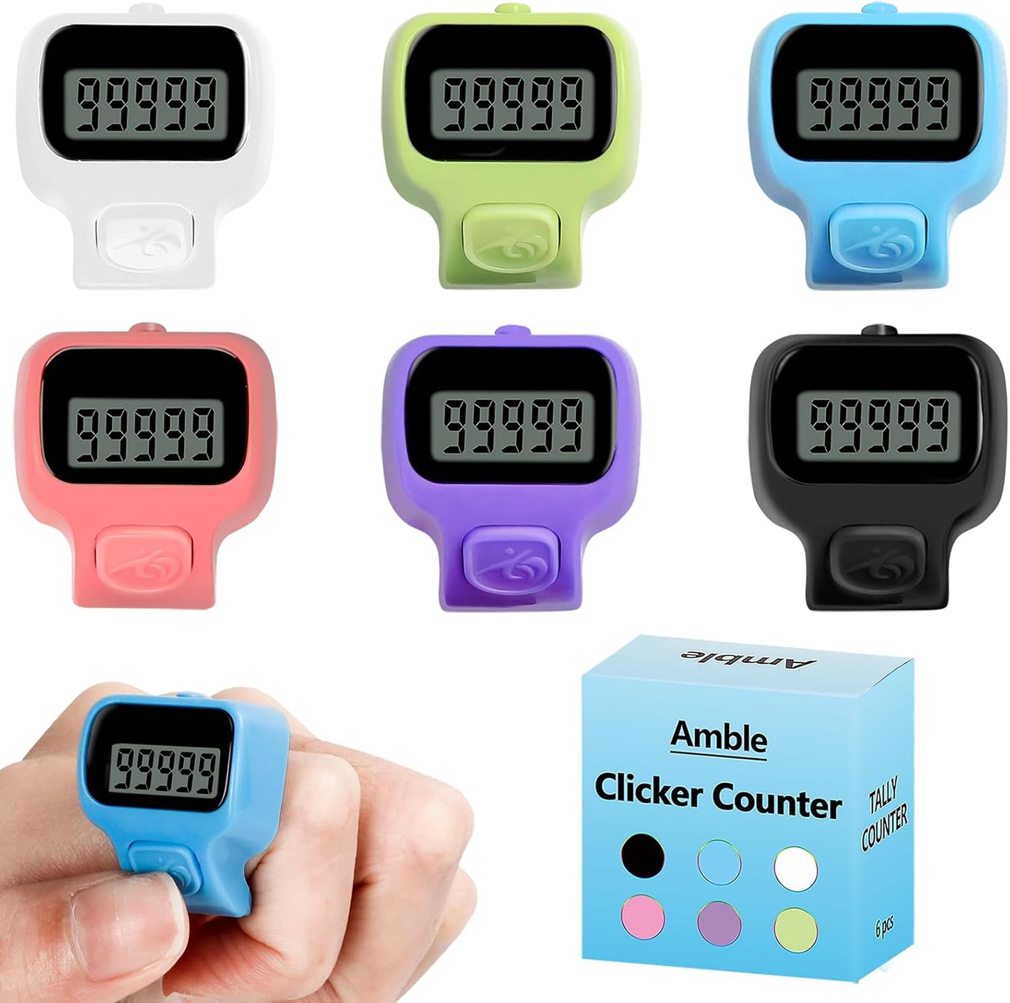 Amble Clicker Counter, Tally Counter, 6 Pack Electronic Finger Clicker for Knitting, Crochet, Stitch, Golf, Fishing, Lap, Goods Counting