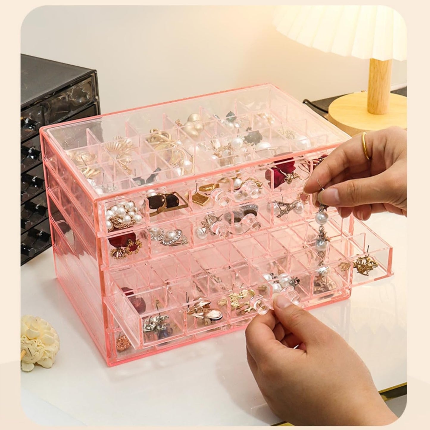 Feadily Acrylic Jewelry Organizer Box, Jewelry Drawer Organizer With 5 Drawers 120 Grids, Pink