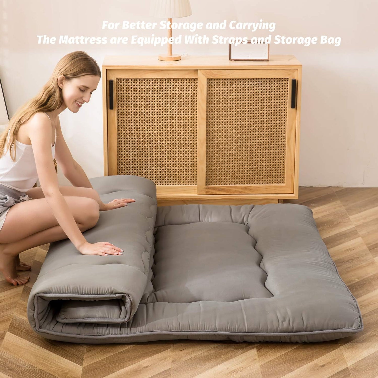 Japanese Shiki Futon Mattress Floor Mattress Thicken Tatami Mat Sleeping Pad Roll Up Mattress Floor Lounger Bed Folding Couch Bed Mattress Pad for Guest Room, Charcoal Grey, King