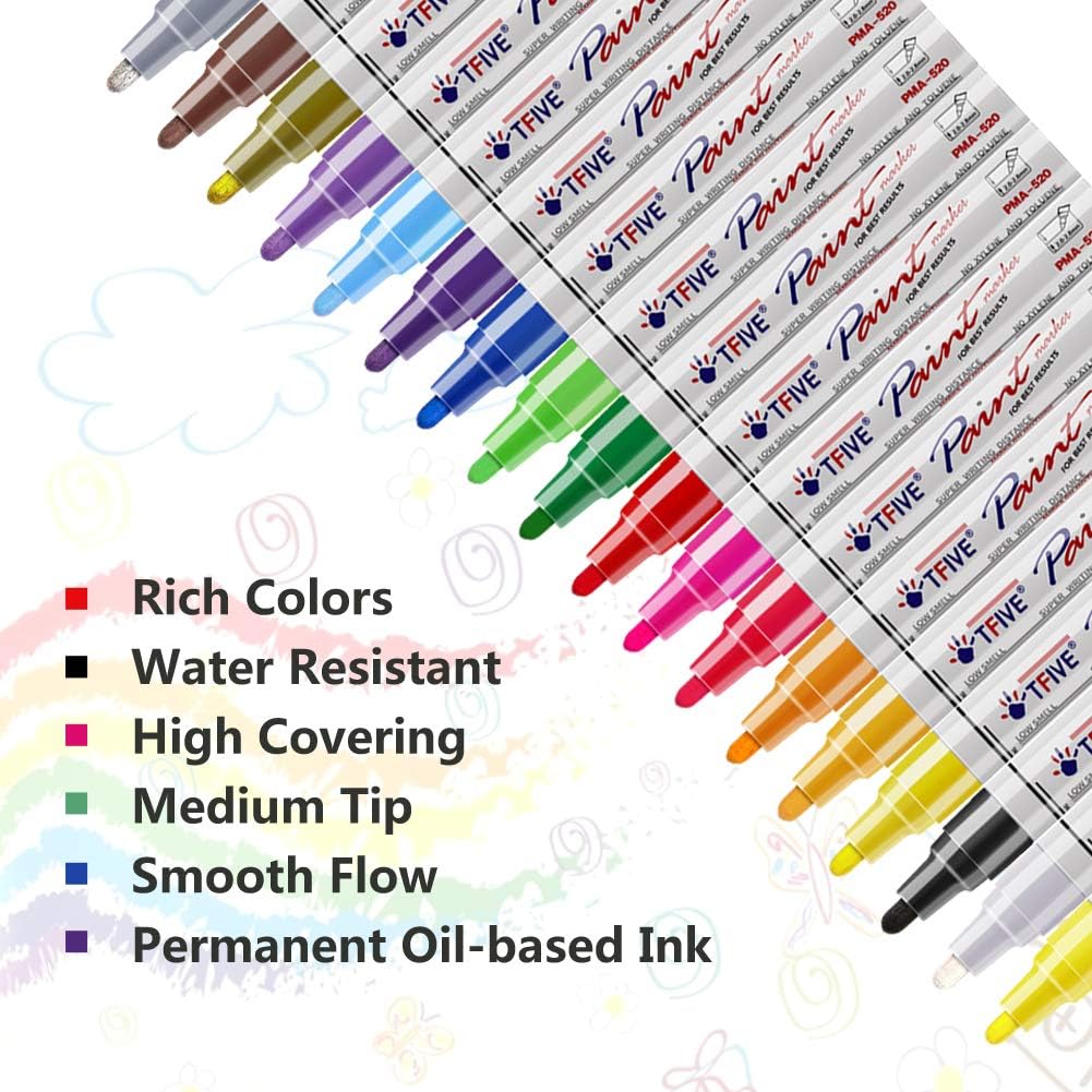 TFIVE Paint Pens Paint Markers Never Fade Quick Dry and Permanent,18 Color Oil-Based Waterproof Marker Pen Set for Rock Painting, Stone, Ceramic, Wood, Fabric, Plastic, Canvas, Glass, Mugs