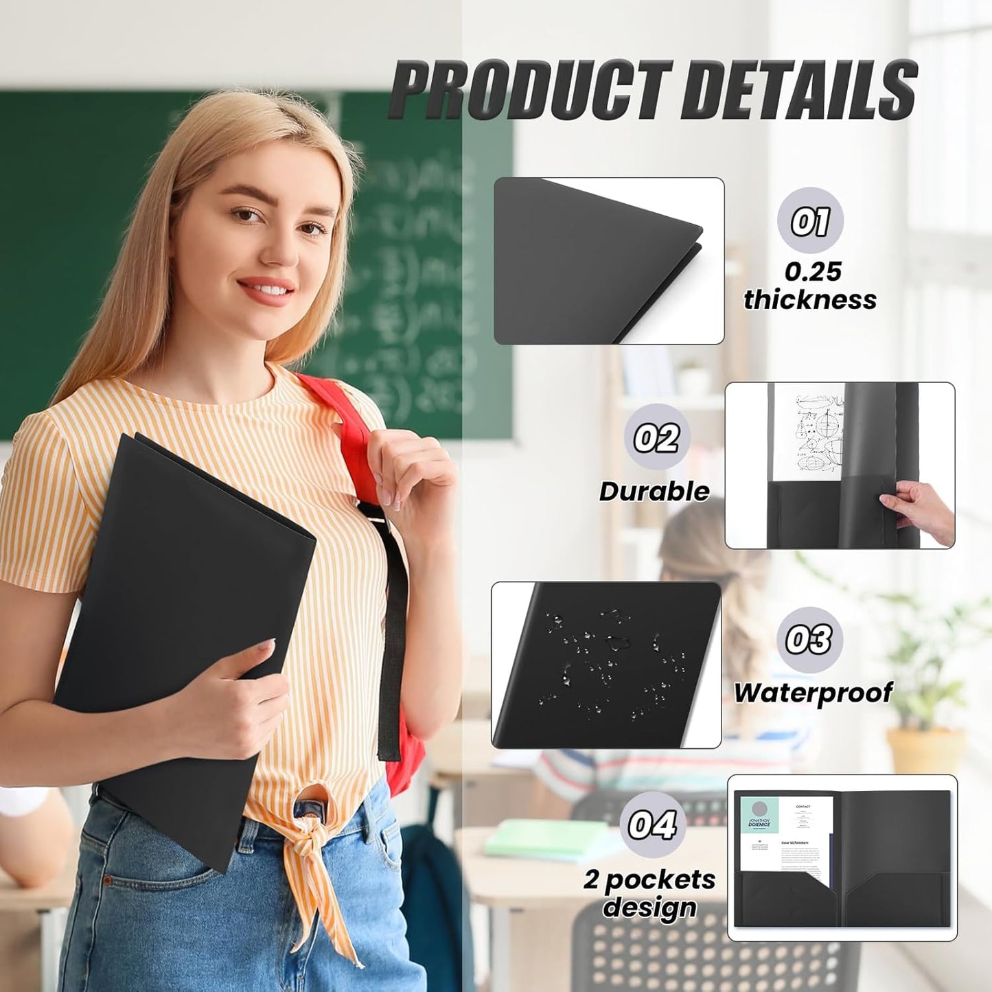 Gueevin 200 Pcs Two Pocket Folders Bulk Plastic File Folder with 2 Pockets Letter Size Paper Heavy Duty Durable Portfolios Case for Home Office School Business 11.61 x 9.45 Inch (Black)