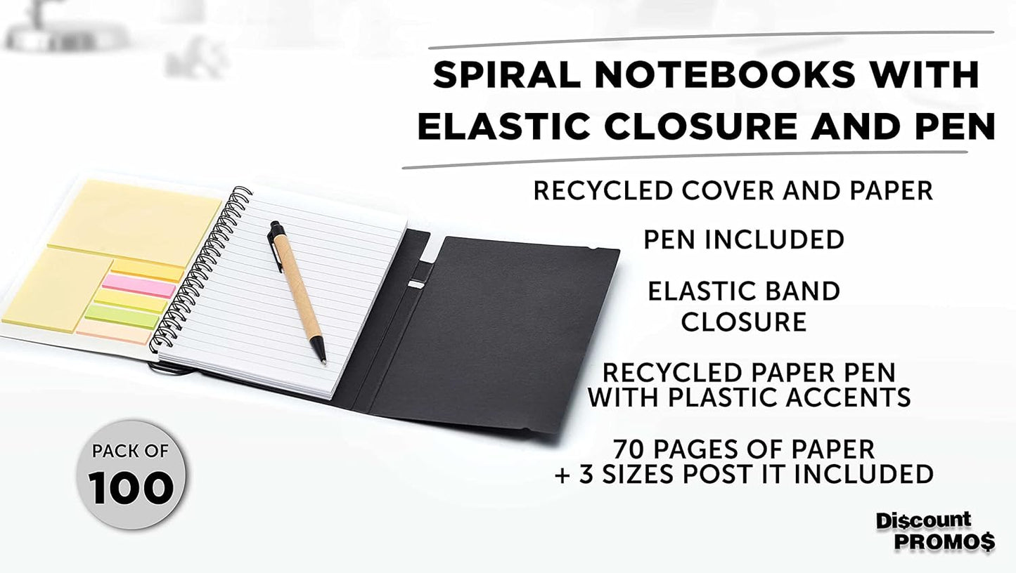 DISCOUNT PROMOS Custom Spiral Notebooks with Elastic Closure Set of 100, Personalized Bulk Pack - Perfect for School, Office, Business and More - Black