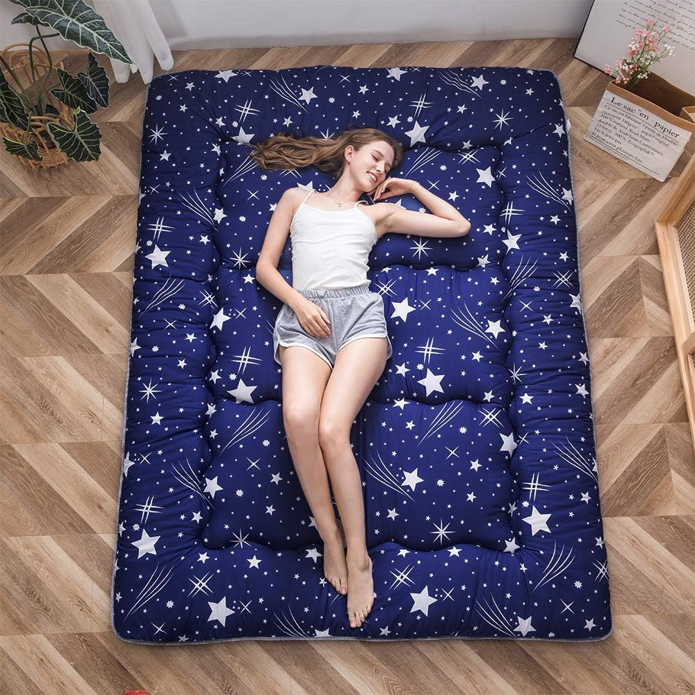 MAXYOYO Navy Starry Sky Japanese Futon Mattress, Tatami Floor Mat, Portable Camping Sleeping Pad, Foldable Roll Up Lounger Bed Full Size with Mattress Protector Cover