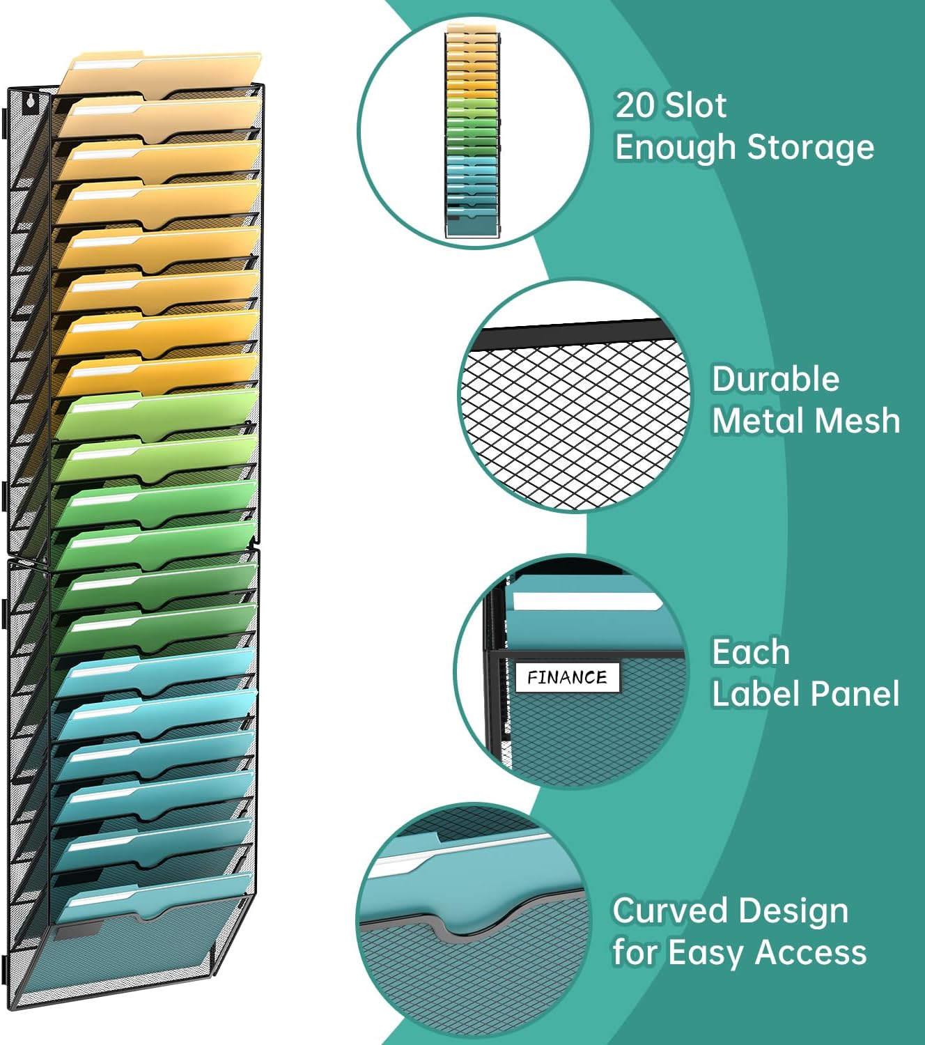 SUPEASY 20-Tier Wall File Organizer Mesh Office Mail Holder, Hanging Wall Organizer Magazine Rack for Office Assembly Needed, Black