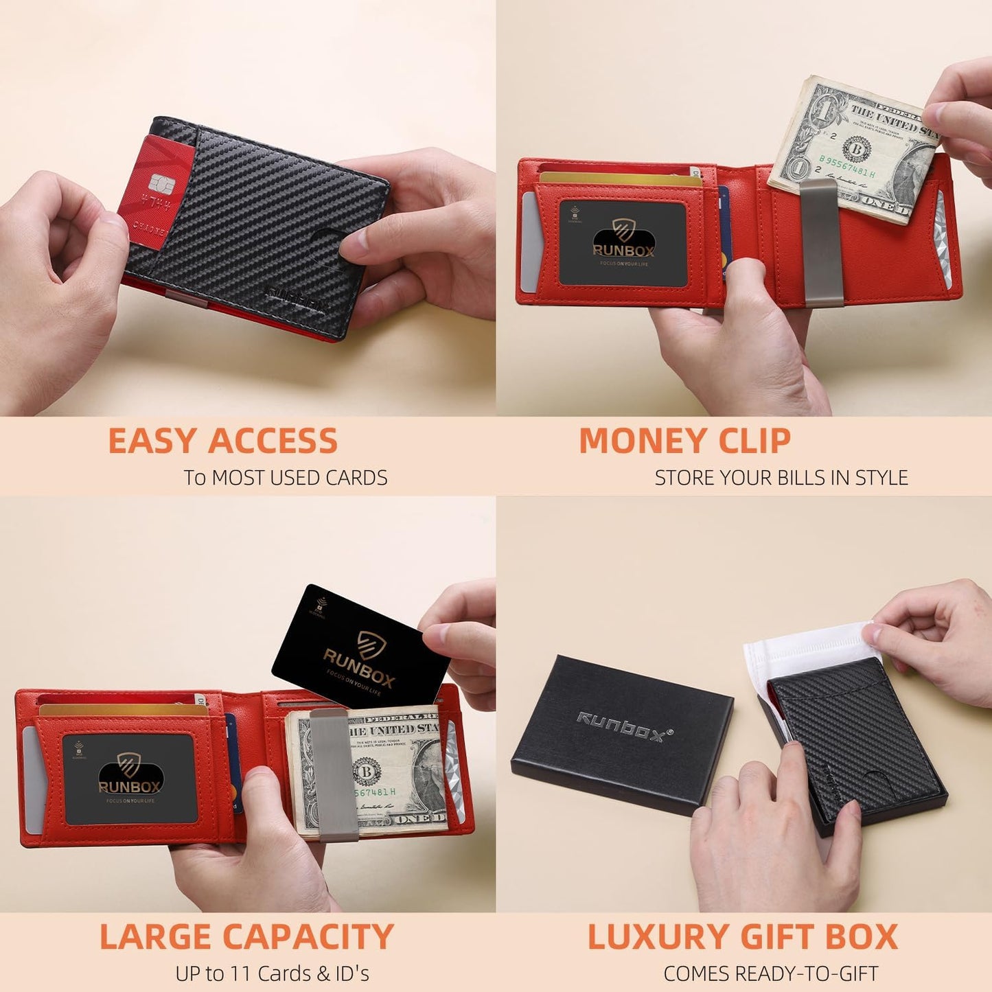 RUNBOX Money Clip Slim Wallets for Men RFID Blocking 11 Card Holder Minimalist Small Leather Bifold Men's Front Pocket Wallet Gift Box
